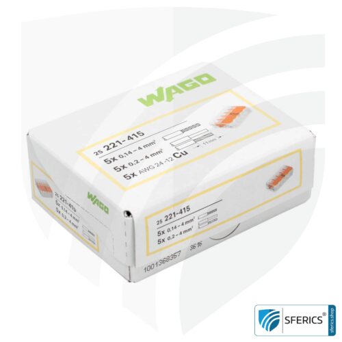 WAGO Compact Verbindungsklemme, Serie 221 | Modell 221-415 | für 5 eindrahtige, feindrahtige und mehrdrähtige Leiter | Alternative zur Lüsterklemme