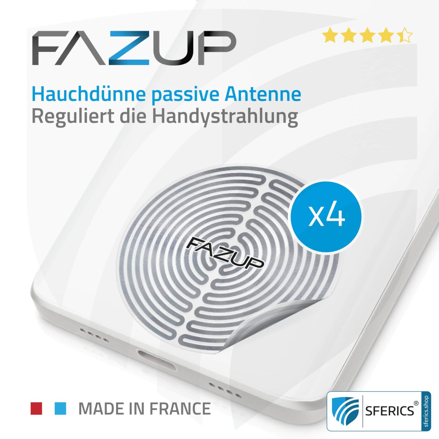 FAZUP Antennen Patch | SILBER | 4er Set mit Preisvorteil für Familie und Freunde | Innovative Technologie gegen Elektrosmog | Schützt vor unnötig hoher Bestrahlung durch’s eigene Mobiltelefon