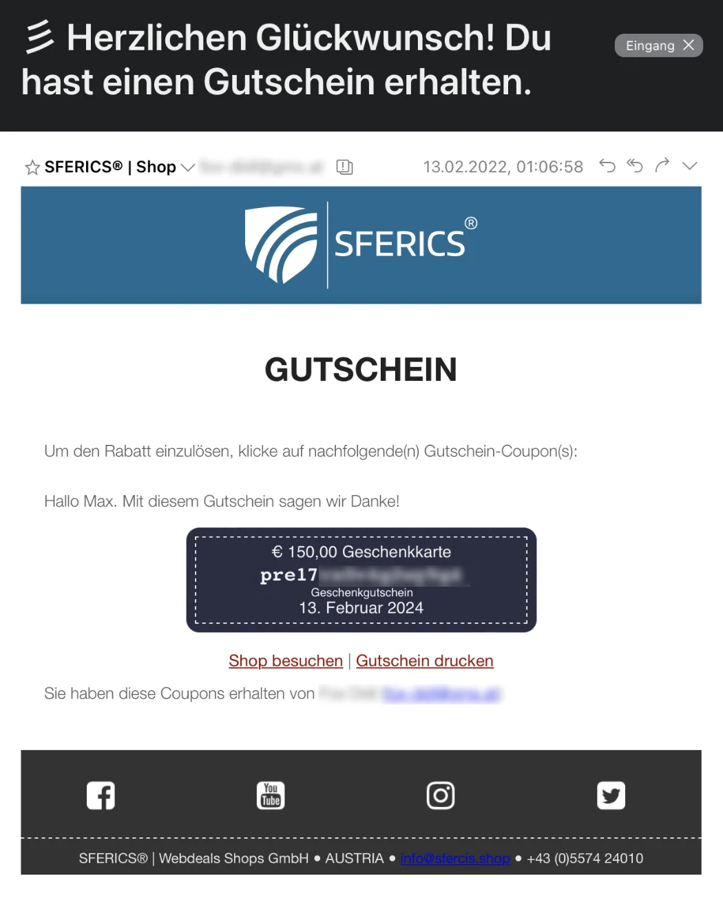 Geschenkgutschein erhalten