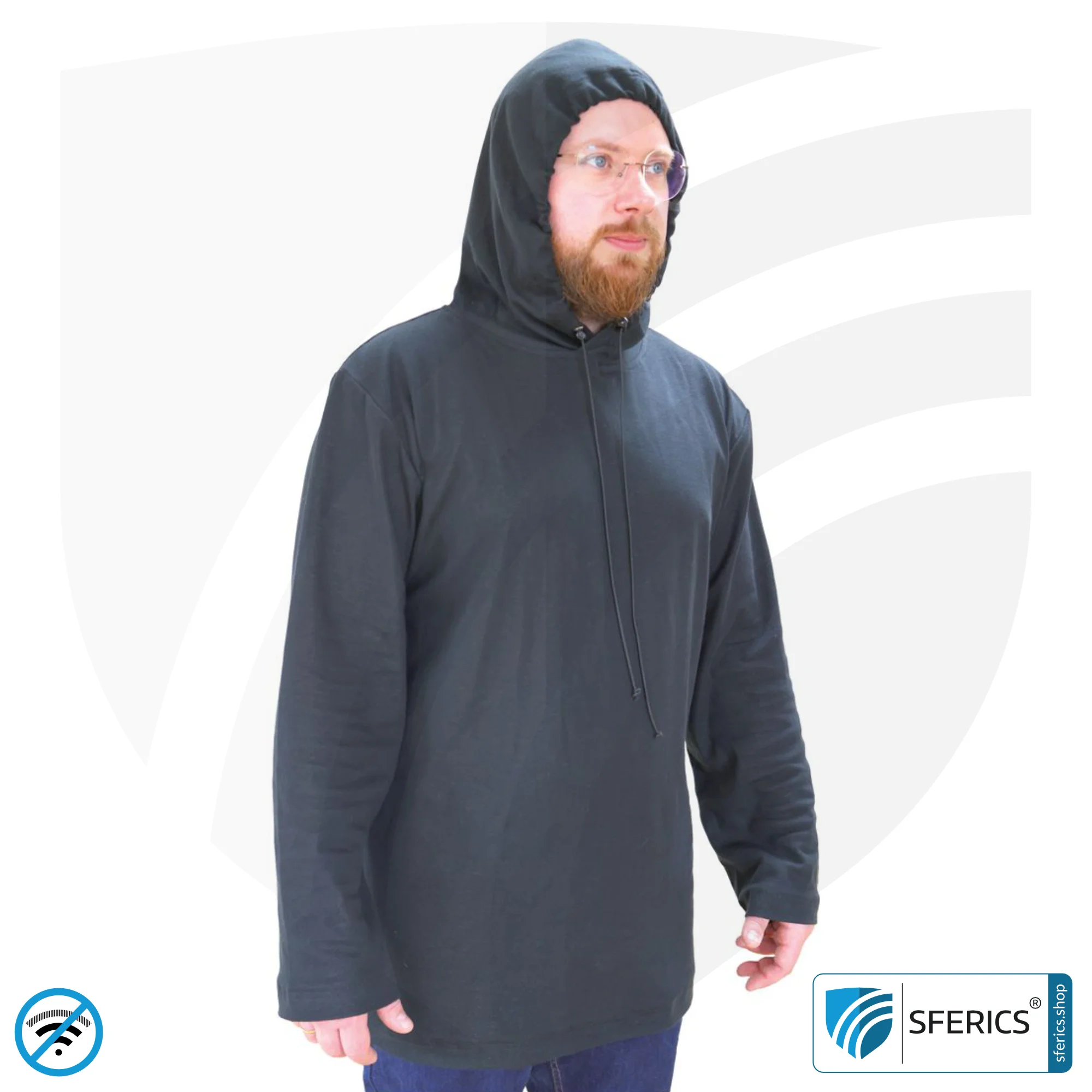 Hoodie, abschirmend + schwarz | Langarm T-Shirt mit Kaputze | Schutz bis 40 dB vor HF Elektrosmog (Handy, WLAN, LTE) | strapazierfähig, aus Black-Jersey Abschirmstoff | 5G ready! 4 Abschirmender Hoodie | Langarm T-Shirt mit Kaputze | Schutz bis 40 dB vor HF Elektrosmog (Handy, WLAN, LTE) | strapazierfähig, aus Black-Jersey Abschirmstoff | 5G ready!