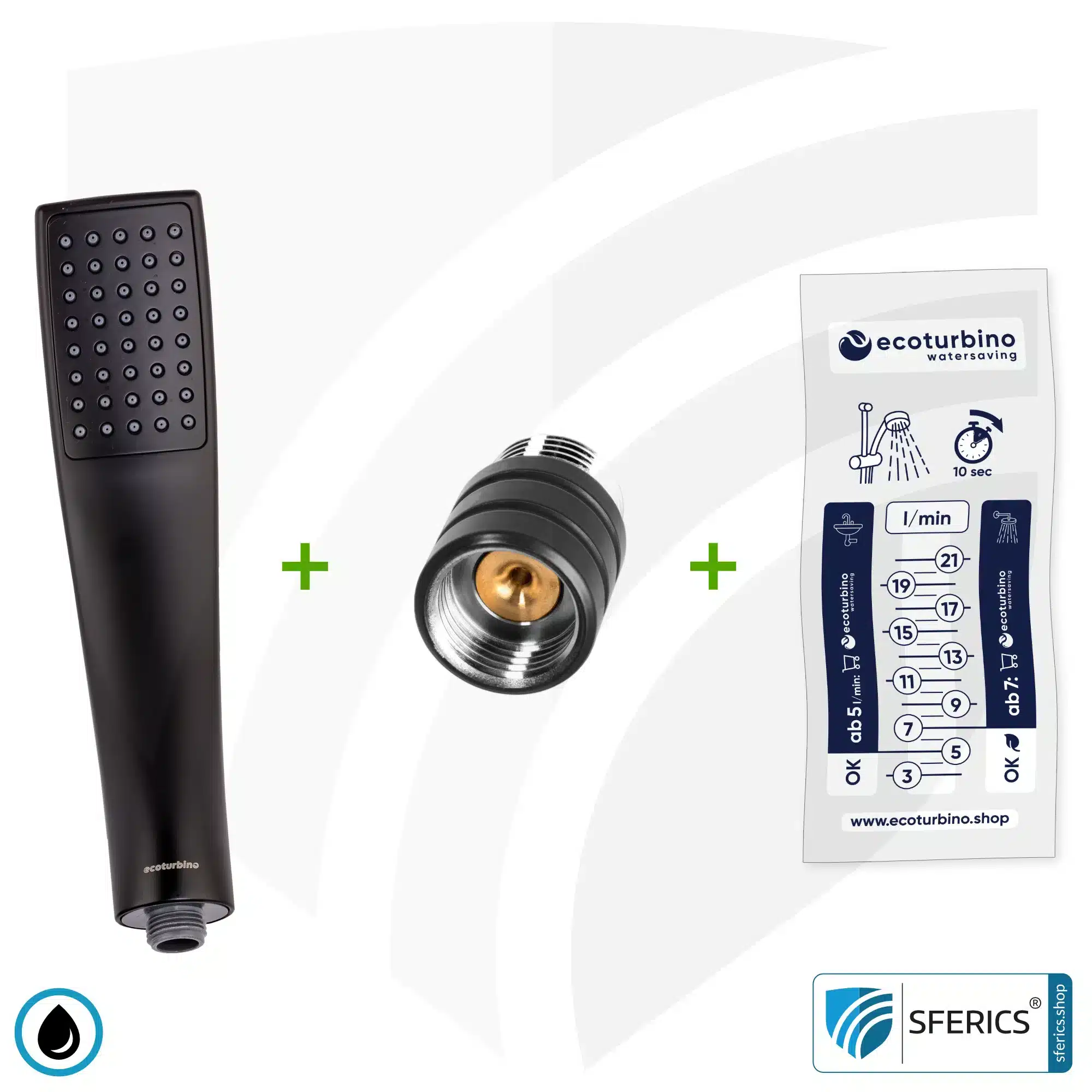 Handdusche UPGRADE DELUXE SET 10 Legio | ET10L Wasserspar Adapter + Design Duschkopf - Handbrause | ecoturbino® 6 Handdusche UPGRADE DELUXE SET 10 Legio | ET10L Wasserspar Adapter + Design Duschkopf - Handbrause | ecoturbino® schwarz