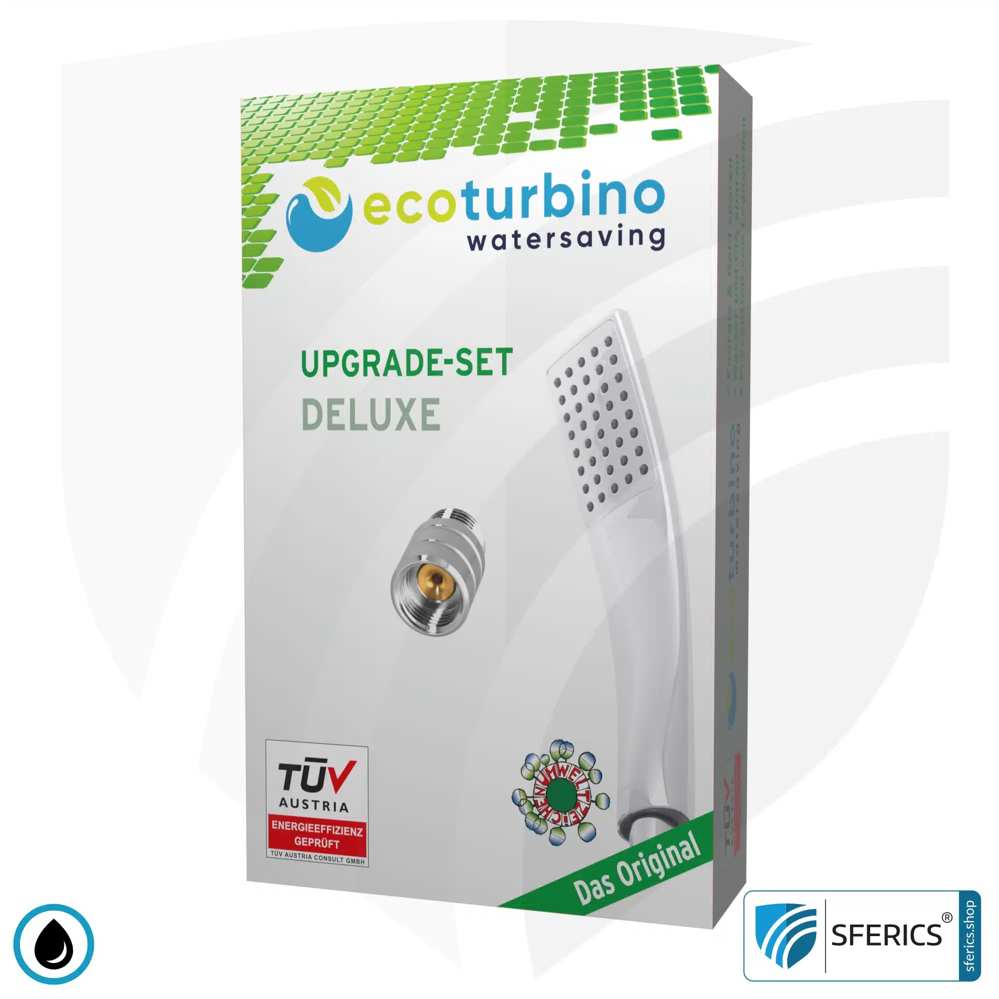Handdusche UPGRADE DELUXE SET 10 Legio | ET10L Wasserspar Adapter + Design Duschkopf - Handbrause | ecoturbino® 2 Handdusche UPGRADE DELUXE SET 10 Legio | ET10L Wasserspar Adapter + Design Duschkopf - Handbrause | ecoturbino® silber