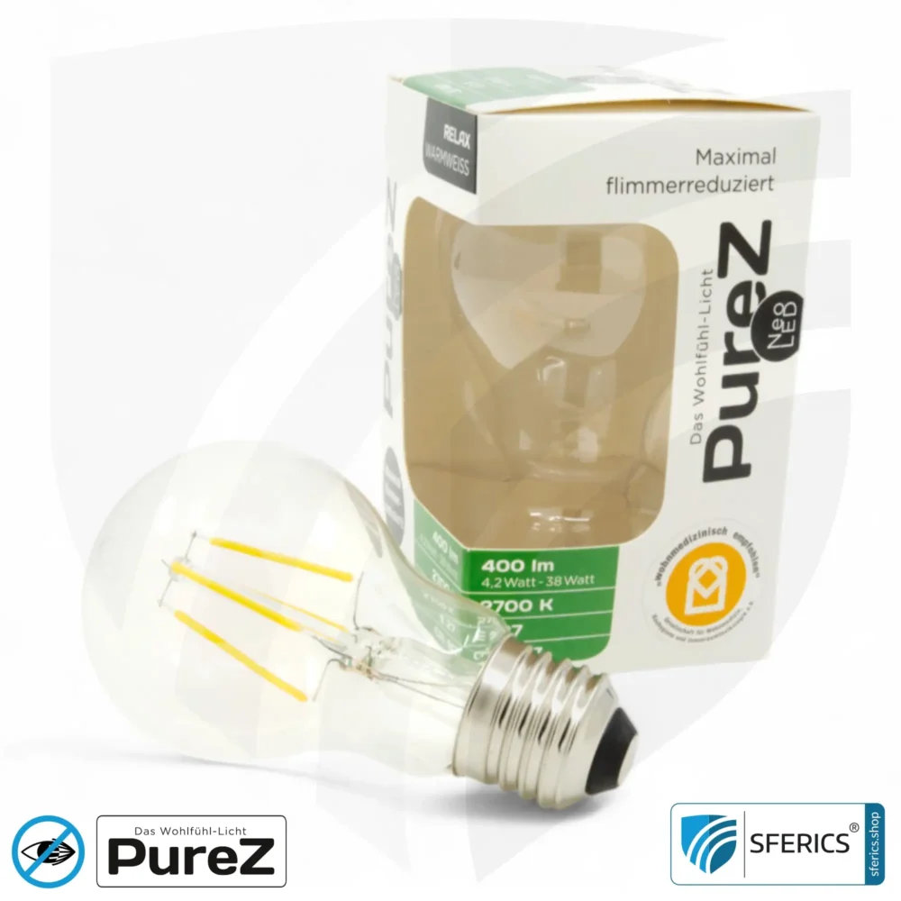 4,2 Watt LED Filament Pure-Z NEO | Hell wie 38 Watt, 400 Lumen | CRI 97 | flimmerfrei | warmweiß | E27 | klar