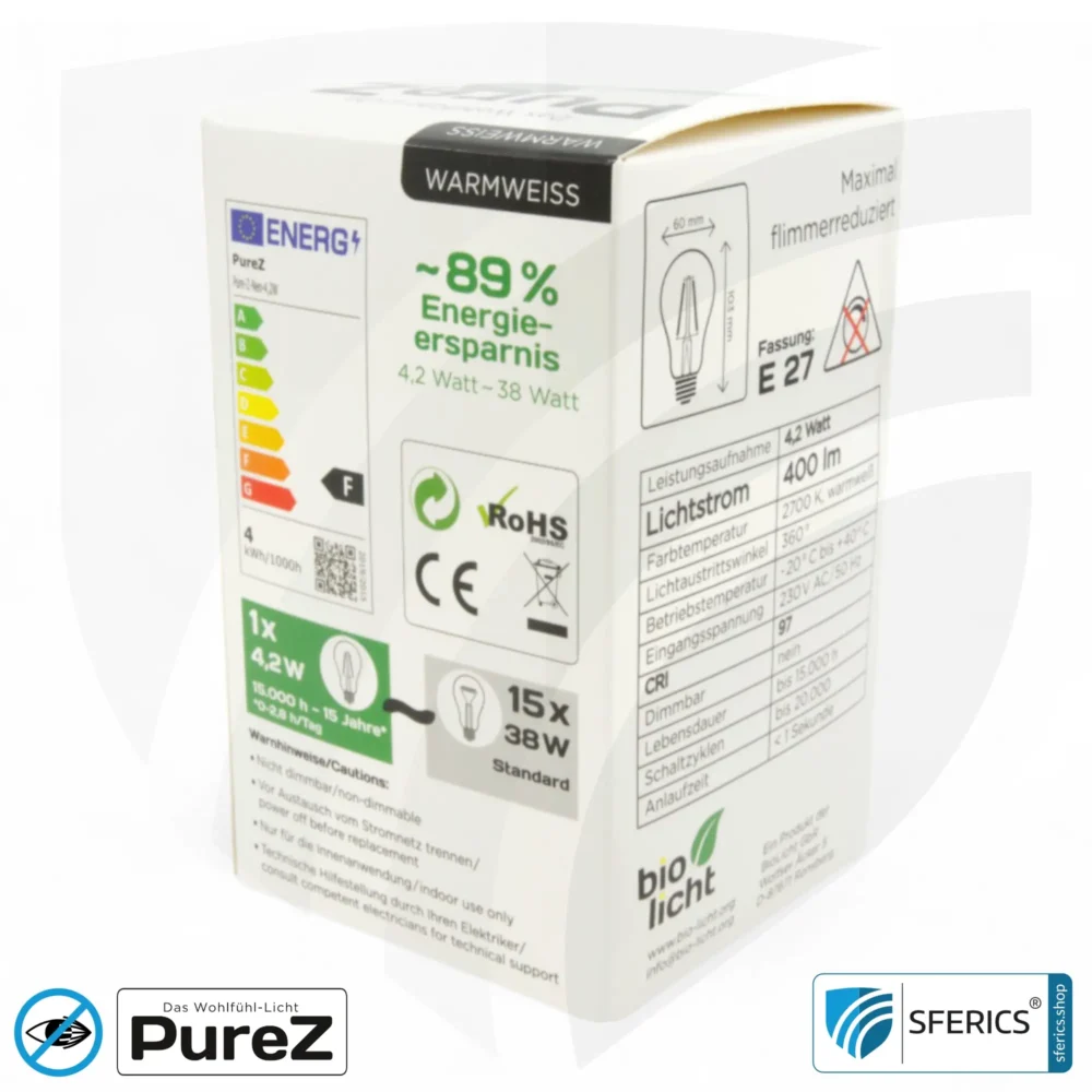 4,2 Watt LED Filament Pure-Z NEO | Hell wie 38 Watt, 400 Lumen | CRI 97 | flimmerfrei | warmweiß | E27 | klar