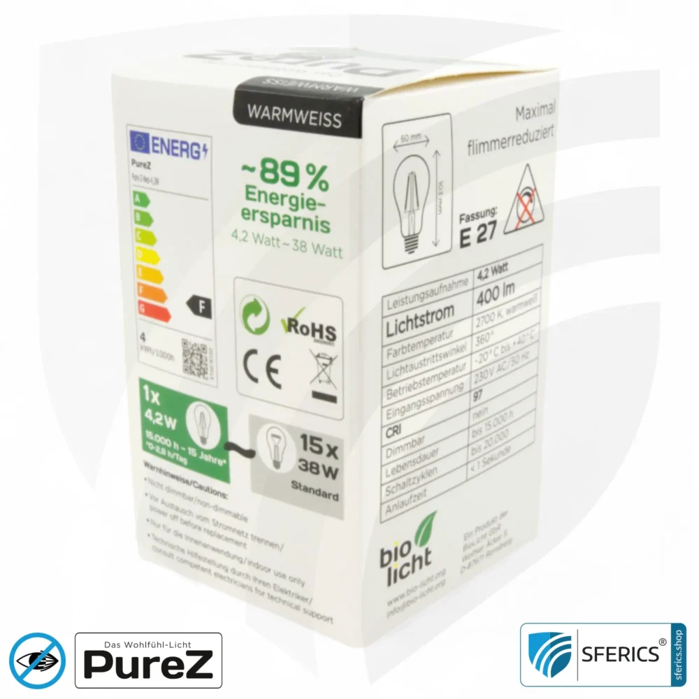 4,2 Watt LED Filament Pure-Z NEO | Hell wie 38 Watt, 400 Lumen | CRI 97 | flimmerfrei | warmweiß | E27 | matt