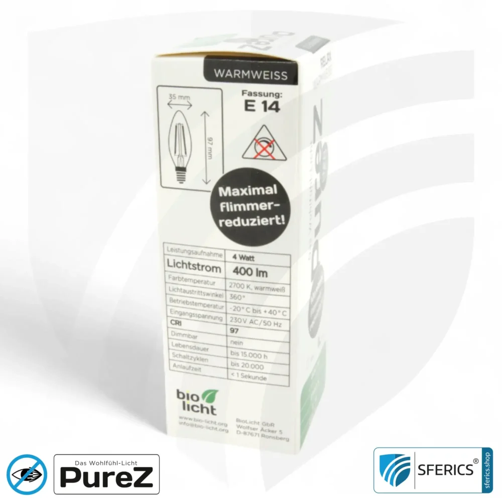 4 Watt LED Filament Kerze Pure-Z NEO | Hell wie 38 Watt, 400 Lumen | CRI 97 | flimmerfrei | warmweiß | E14 | matt
