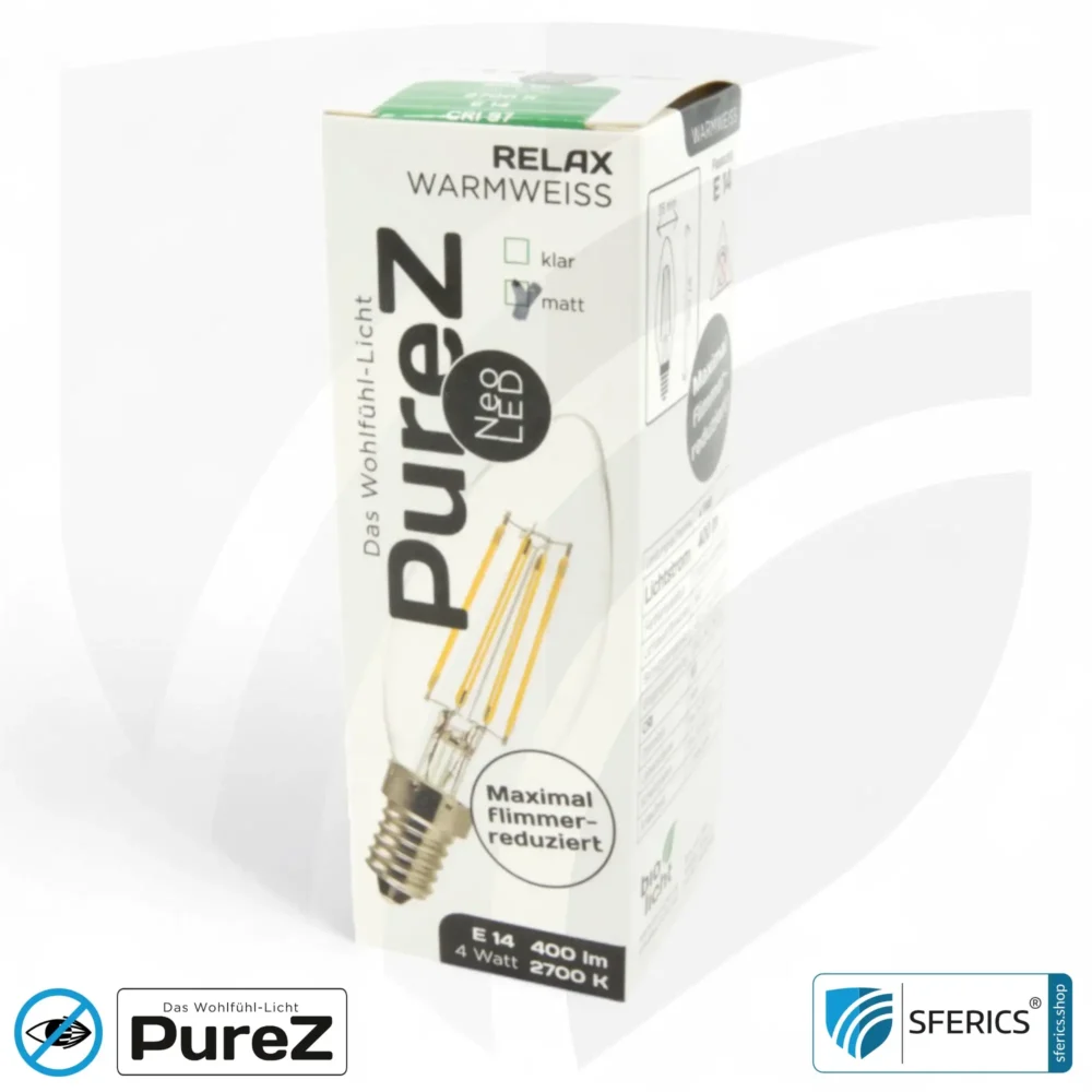 4 Watt LED Filament Kerze Pure-Z NEO | Hell wie 38 Watt, 400 Lumen | CRI 97 | flimmerfrei | warmweiß | E14 | matt