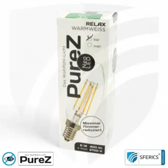 4 Watt LED Filament Kerze Pure-Z NEO | Hell wie 38 Watt, 400 Lumen | CRI 97 | flimmerfrei | warmweiß | E14 | klar