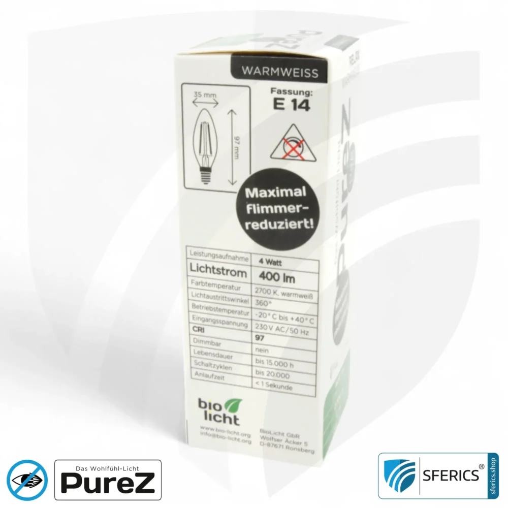 4 Watt LED Filament Kerze Pure-Z NEO | Hell wie 38 Watt, 400 Lumen | CRI 97 | flimmerfrei | warmweiß | E14 | klar