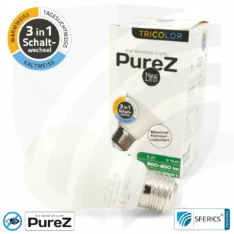 9 Watt LED TRICOLOR Pure-Z NEO | 3in1 = 3 umschaltbare Lichtfarben | Hell wie 80 Watt, 850 Lumen | CRI über 90 | flimmerfrei | E27