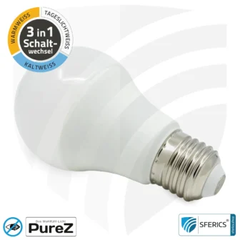 9 Watt LED TRICOLOR Pure-Z NEO | 3in1 = 3 umschaltbare Lichtfarben | Hell wie 80 Watt, 850 Lumen | CRI über 90 | flimmerfrei | E27